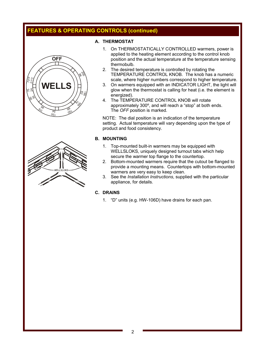 Wells, Features & operating controls (continued) | Wells HW/SMP-6D User Manual | Page 4 / 16