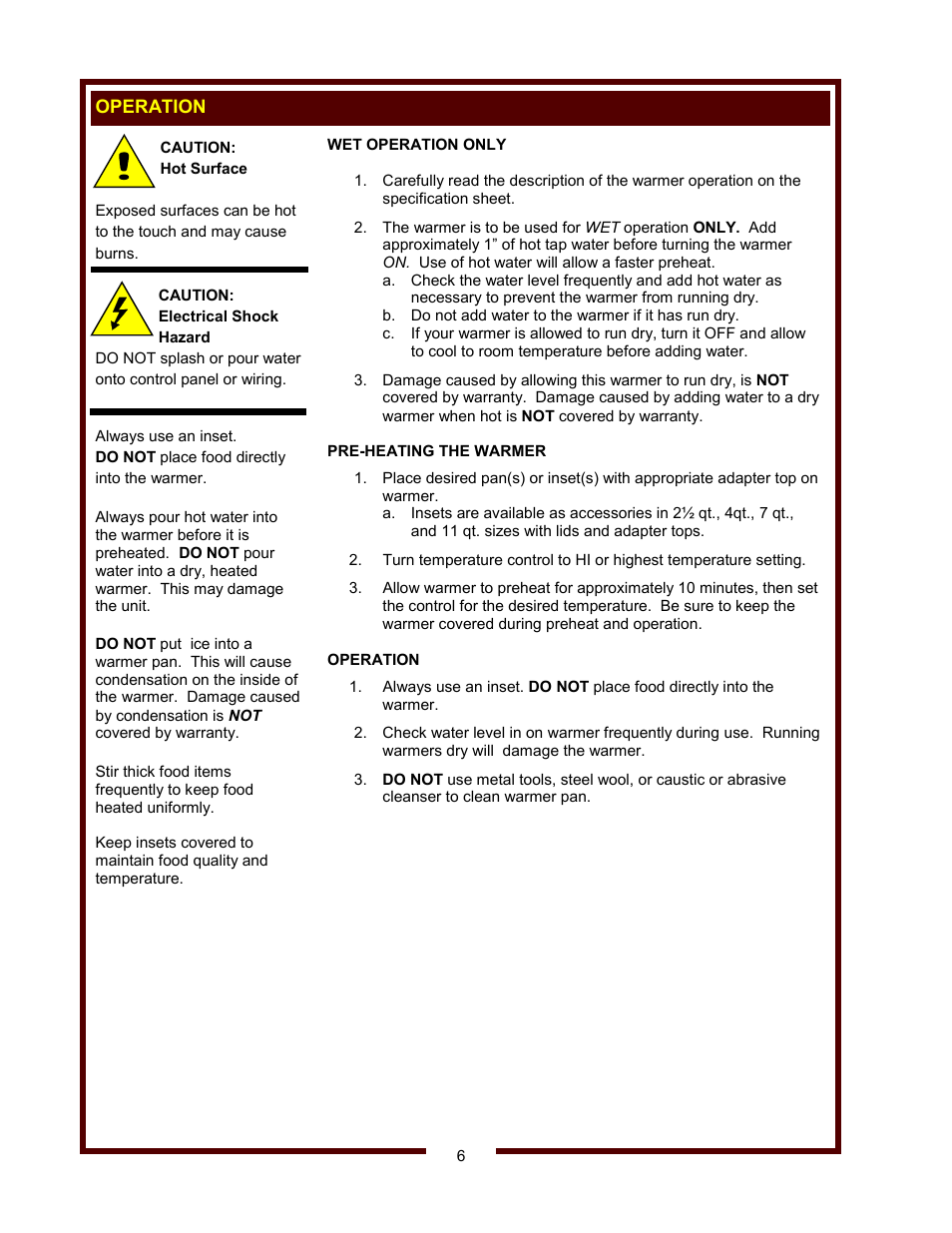 Operation | Wells HW/SMP-6D User Manual | Page 8 / 16