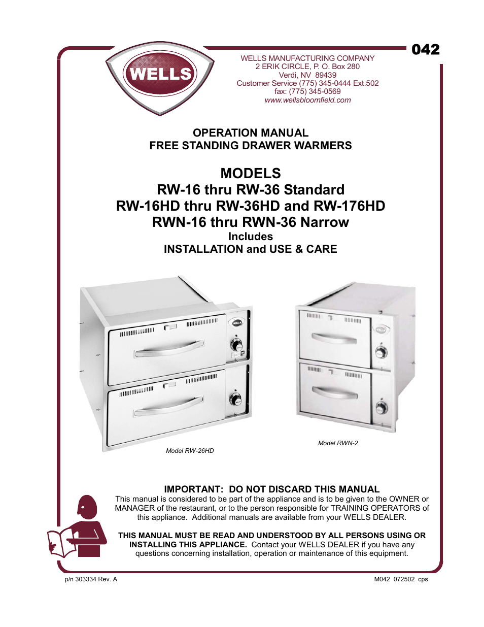 Wells RW-16 thru RW-36 User Manual | 14 pages