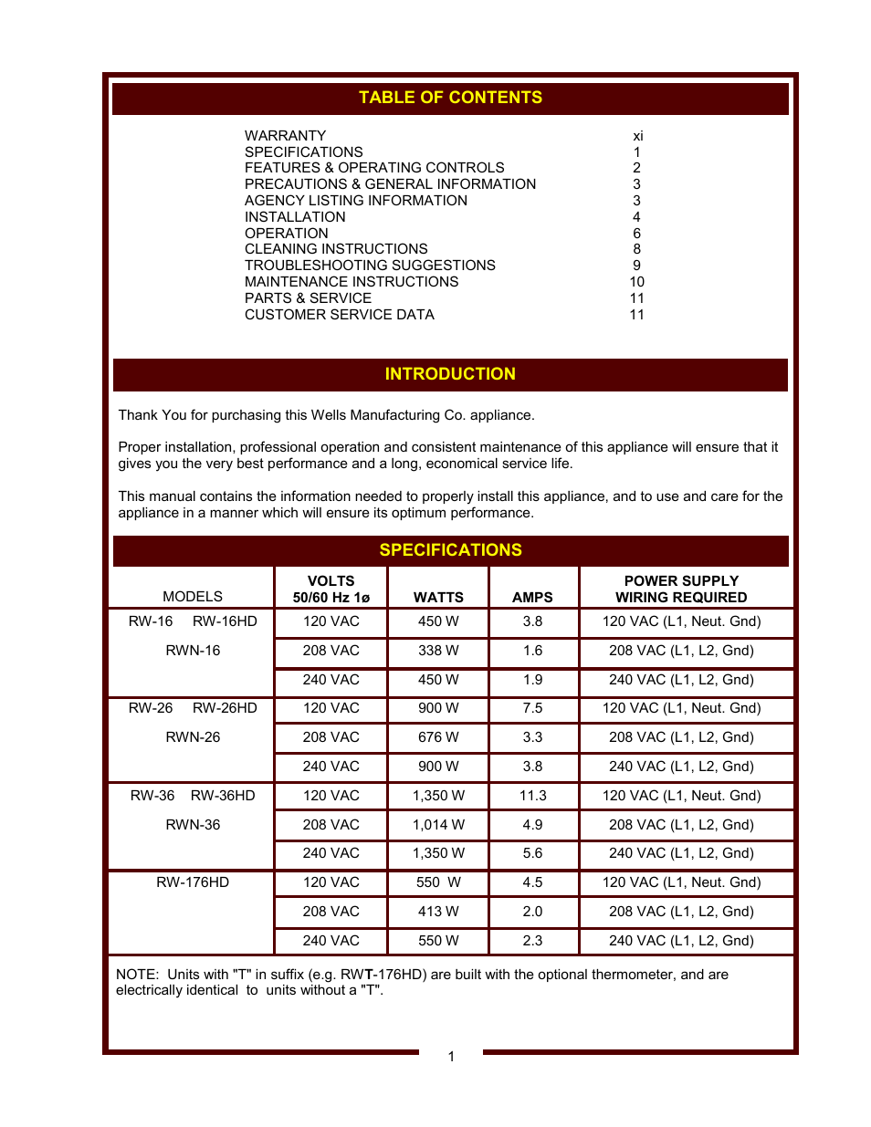 Wells RW-16 thru RW-36 User Manual | Page 3 / 14