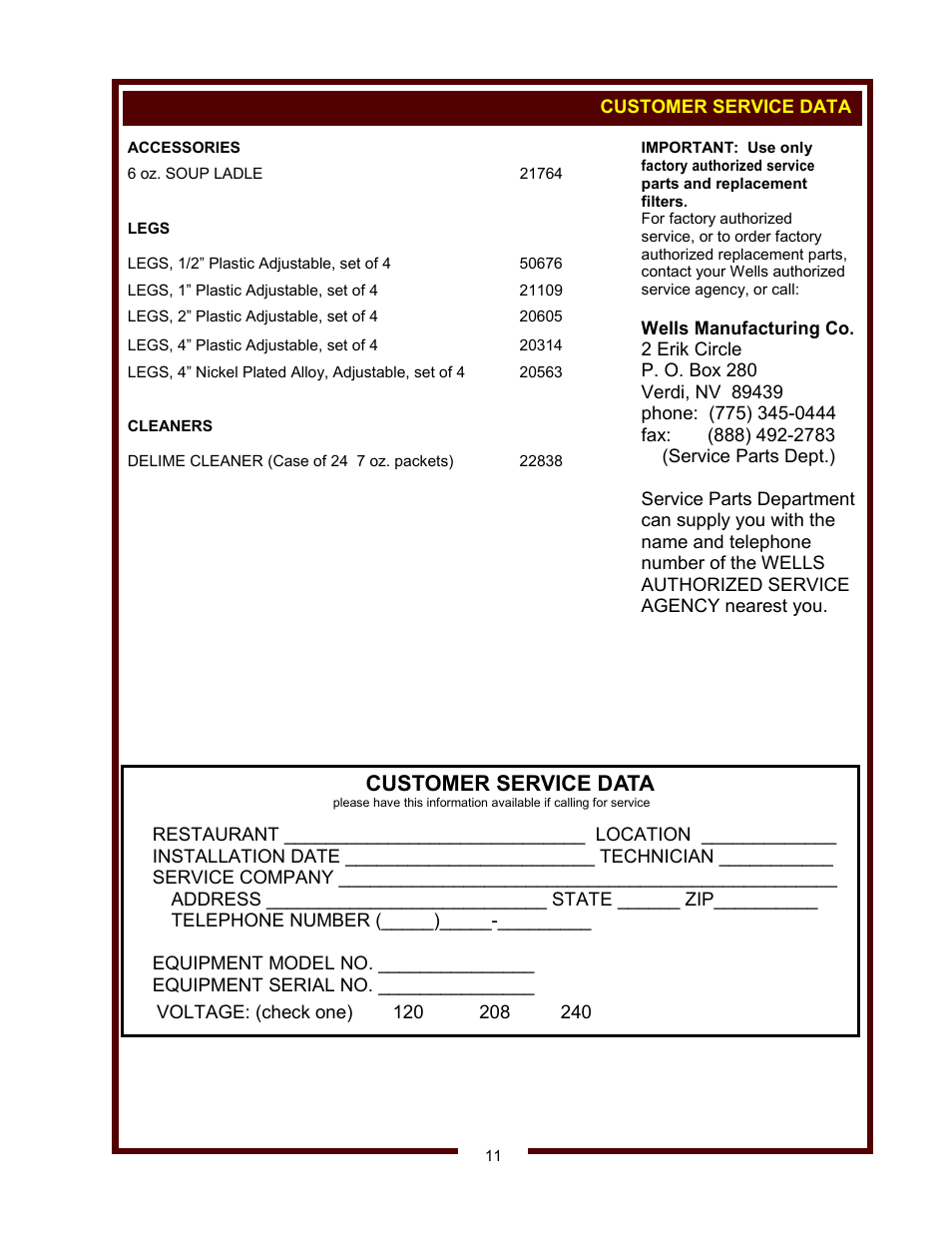 Customer service data | Wells HW-10 User Manual | Page 13 / 14