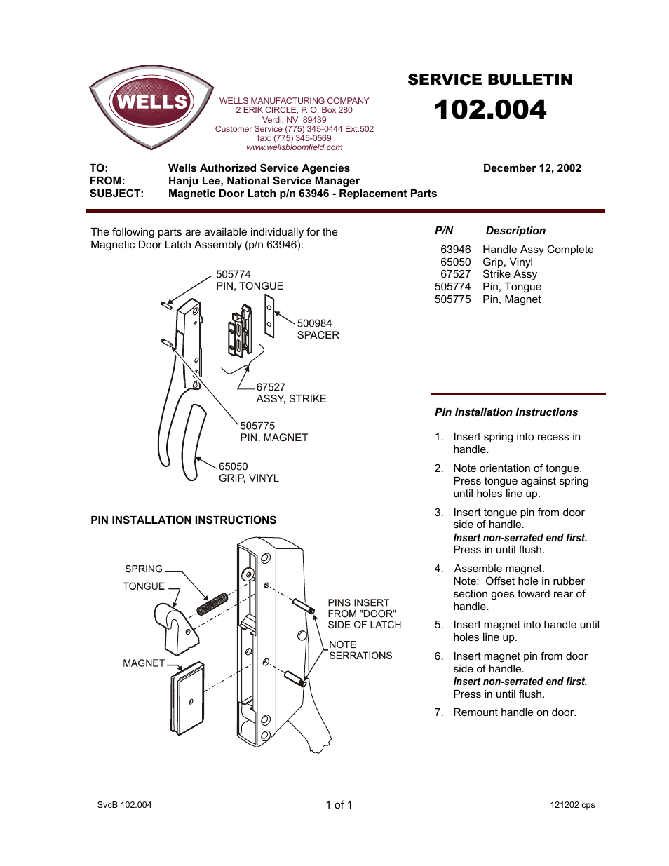 Wells Magnetic Door Latch User Manual | 1 page