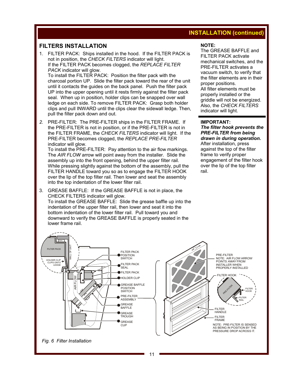 Filters installation, Installation (continued), Fig. 6 filter installation 11 | Wells WVG-136RW User Manual | Page 13 / 28