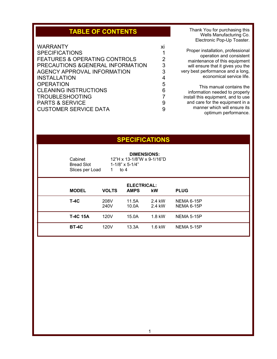 Table of contents specifications | Wells T-4C User Manual | Page 3 / 12