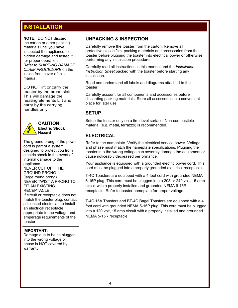 Installation, Caution, Unpacking & inspection | Setup, Electrical | Wells T-4C User Manual | Page 6 / 12