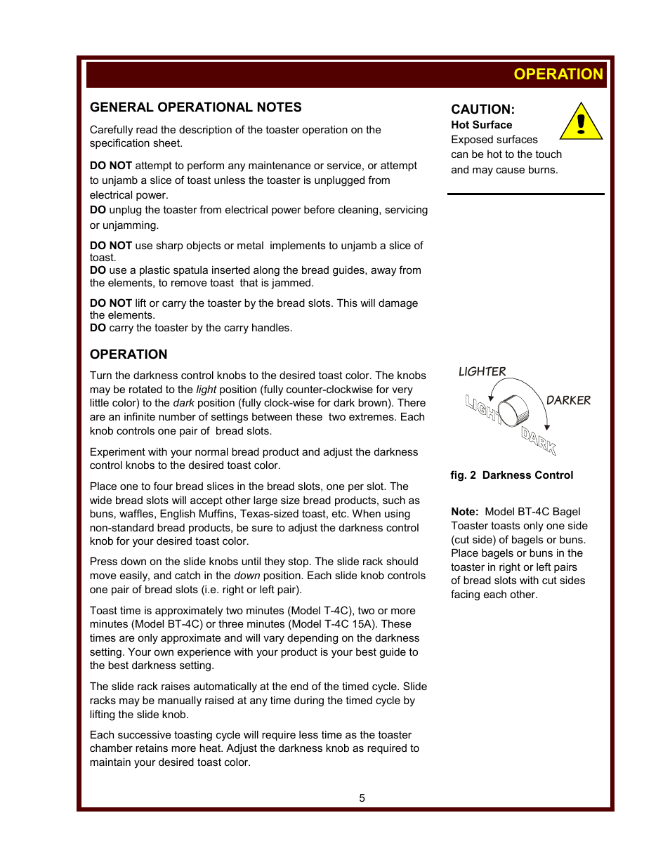 Operation, Caution, Lighter darker | Wells T-4C User Manual | Page 7 / 12