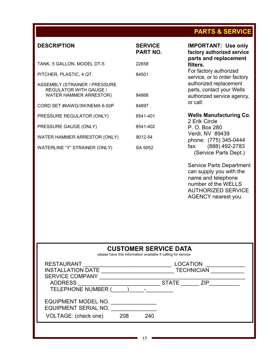 Parts & service customer service data | Wells WM-TR User Manual | Page 19 / 20