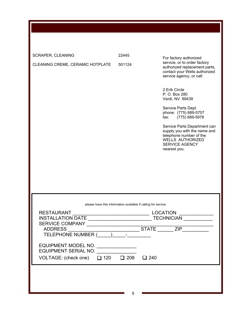Customer service data, Parts & service | Wells Coutertop Ceramic Hot Plates HC-100 User Manual | Page 11 / 12