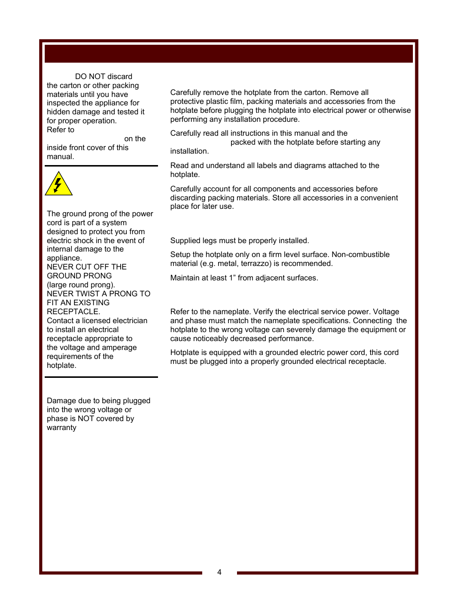 Installation, Caution, Unpacking & inspection | Setup, Electrical, Electric shock hazard | Wells Coutertop Ceramic Hot Plates HC-100 User Manual | Page 6 / 12