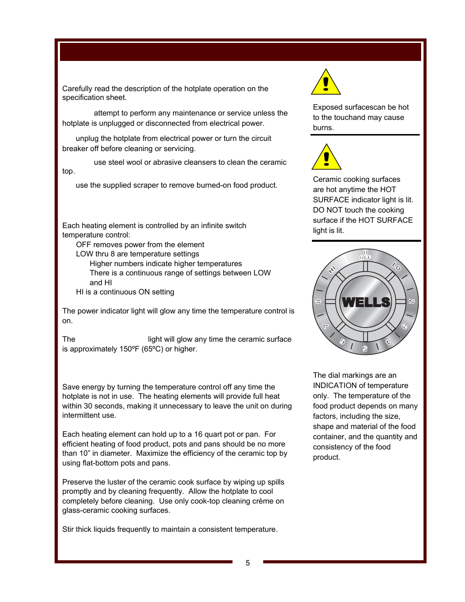 Operation, Caution | Wells Coutertop Ceramic Hot Plates HC-100 User Manual | Page 7 / 12