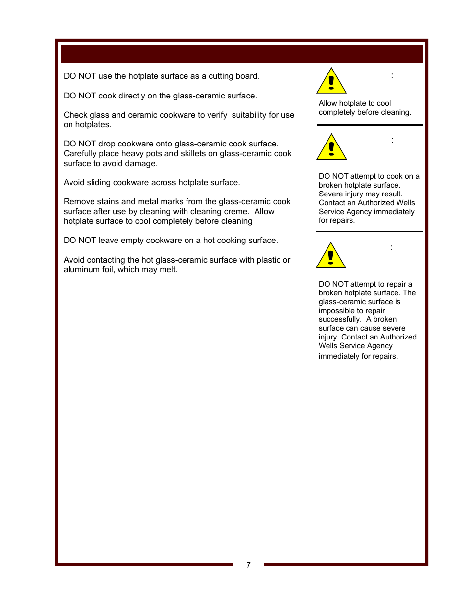 Special care instructions | Wells Coutertop Ceramic Hot Plates HC-100 User Manual | Page 9 / 12