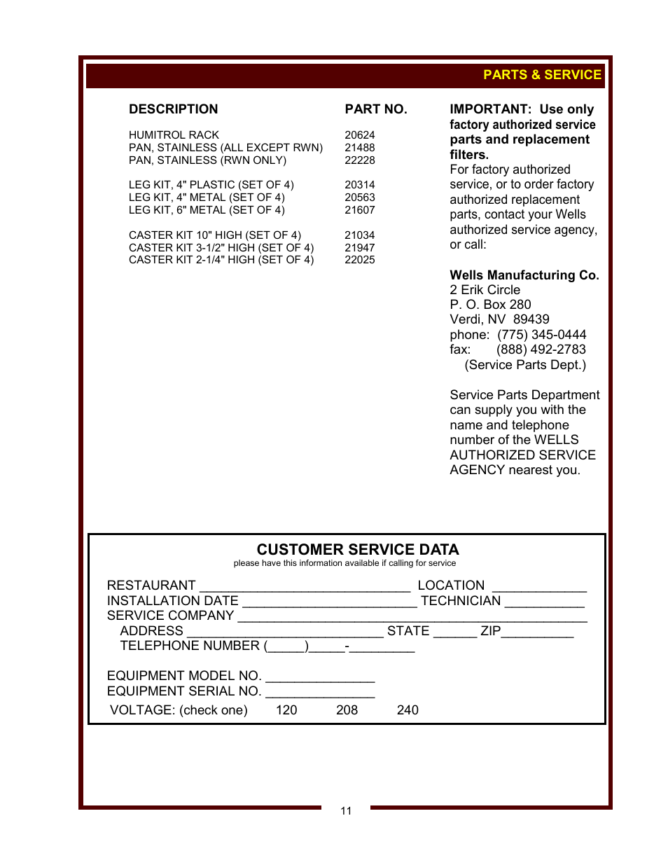 Customer service data | Wells RWN-1 thru RWN-3 Narrow User Manual | Page 13 / 14