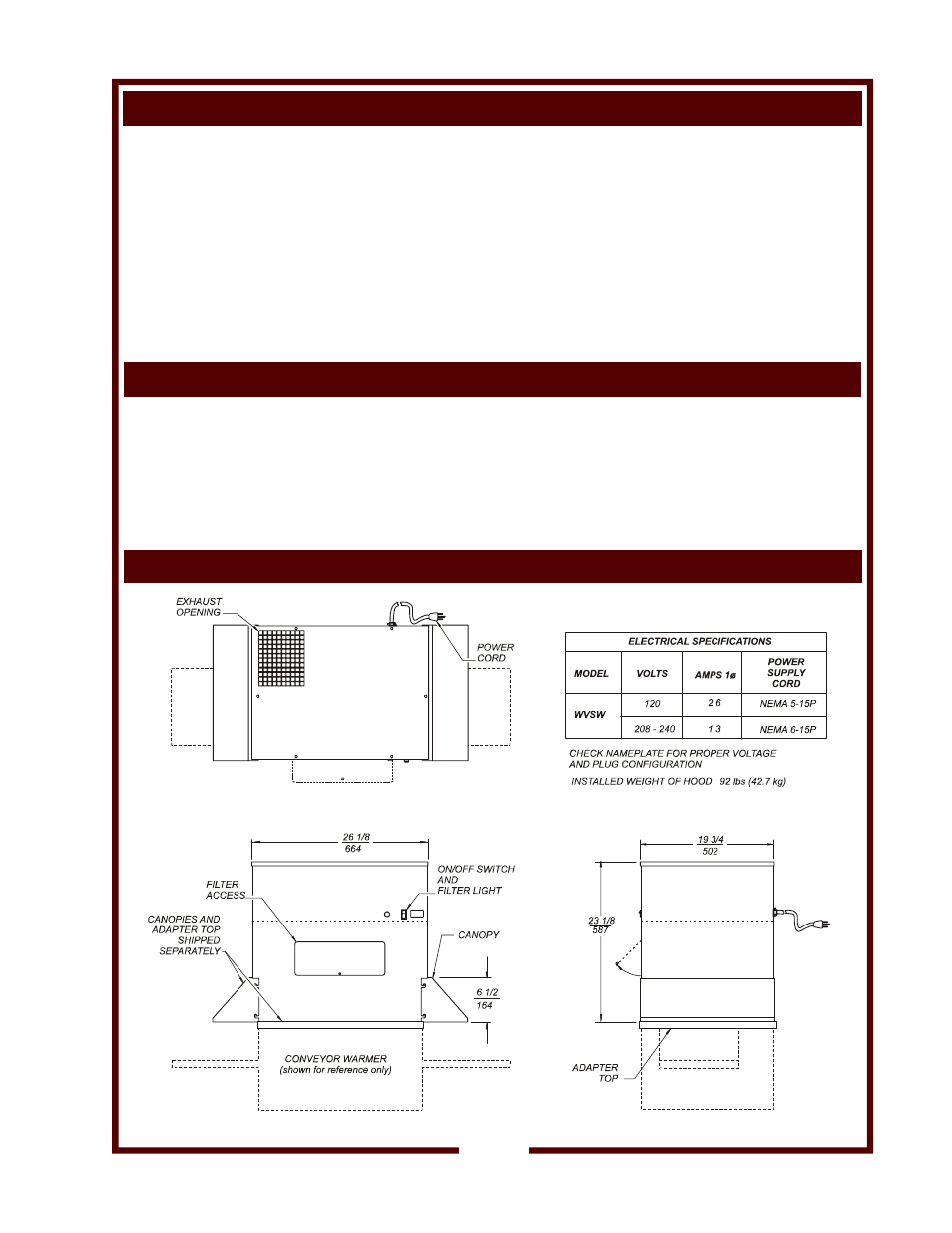 Table of contents specifications introduction | Wells WVSW VENTLESS HOOD User Manual | Page 3 / 14