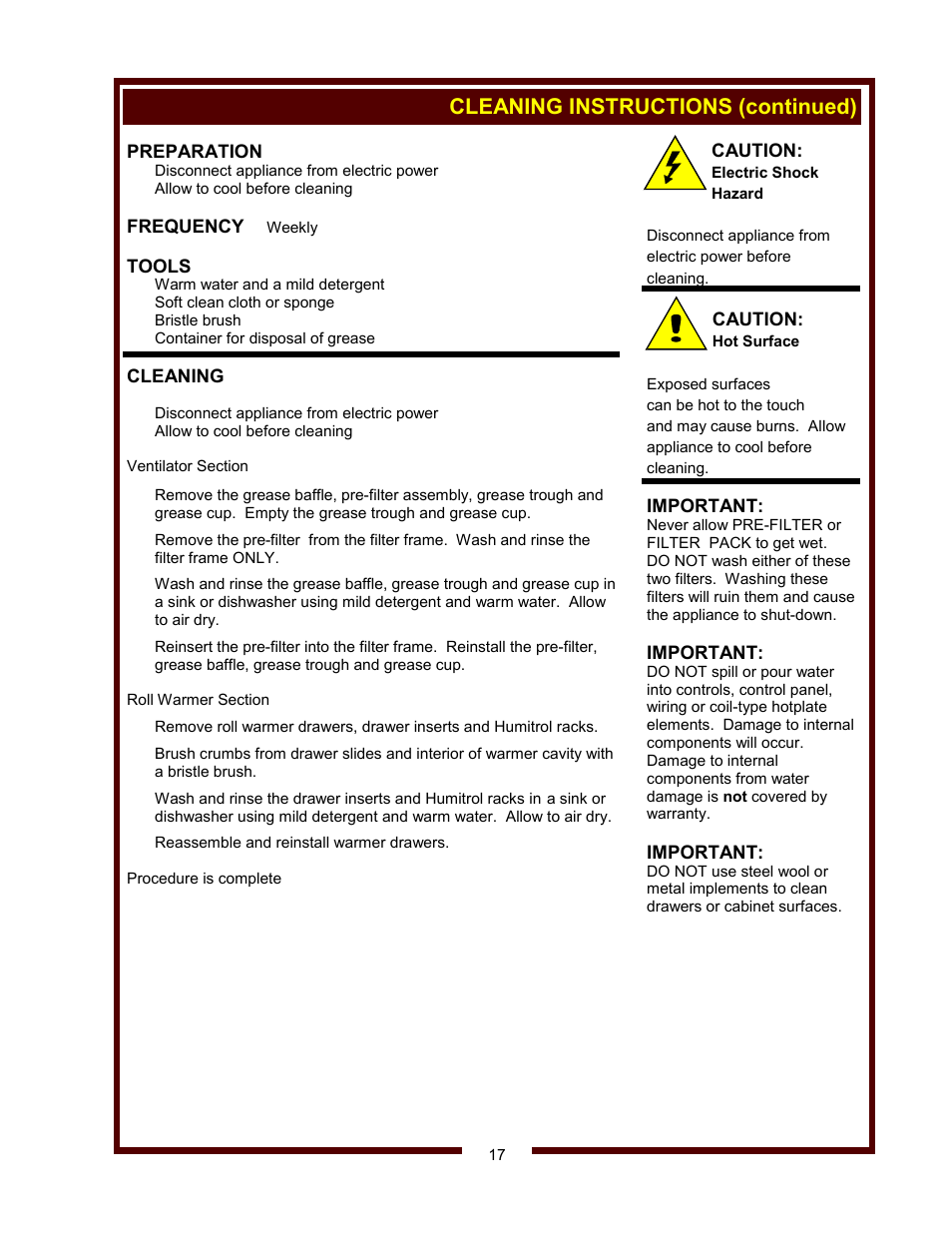 Cleaning instructions (continued) | Wells WV-4HSRW User Manual | Page 19 / 28