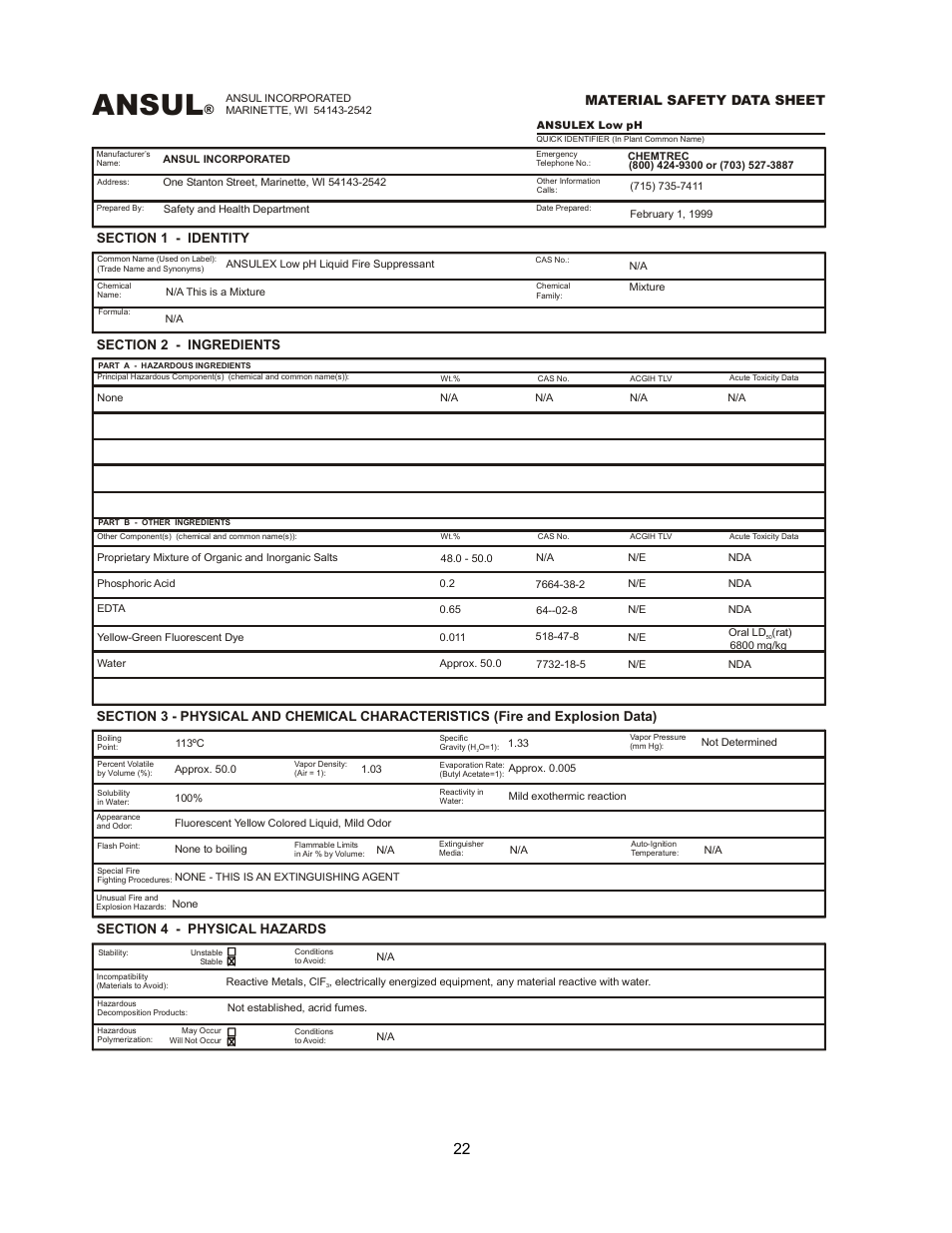Ansul, Material safety data sheet | Wells WV-4HSRW User Manual | Page 24 / 28