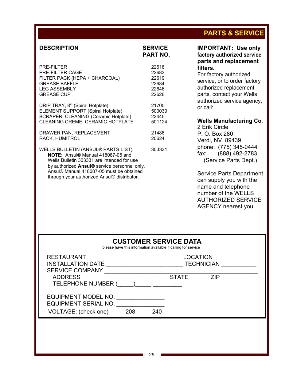 Parts & service customer service data | Wells WV-4HSRW User Manual | Page 27 / 28
