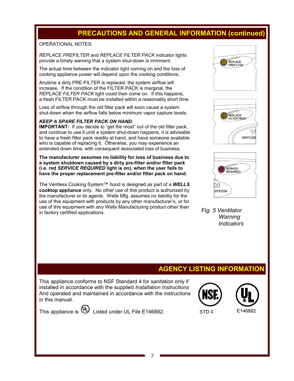 Agency listing information, Precautions and general information (continued) | Wells WV-4HSRW User Manual | Page 9 / 28