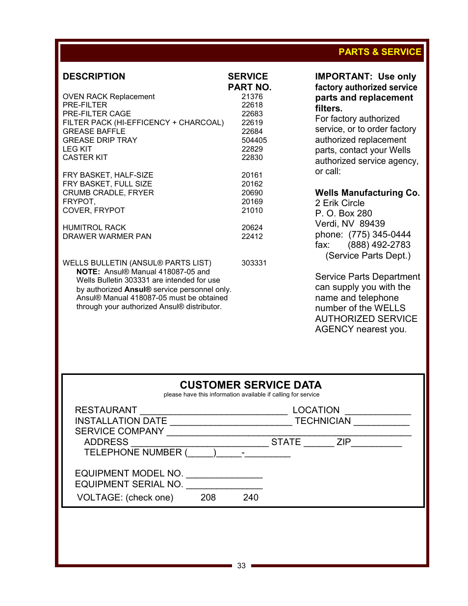 Customer service data | Wells WV-FGRW User Manual | Page 35 / 36