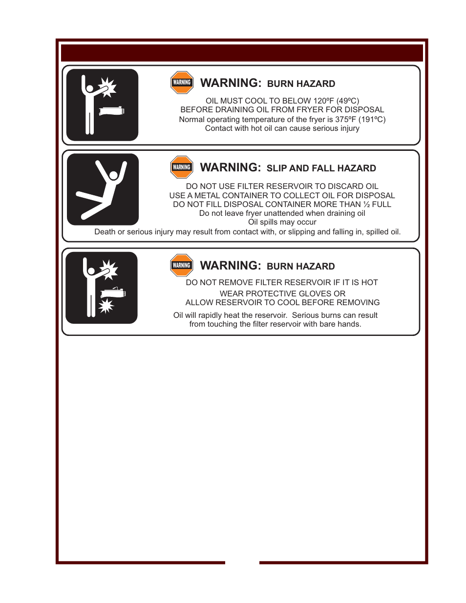 Warning, Maintenance - discarding used oil, Burn hazard | Slip and fall hazard | Wells WFAE-30F User Manual | Page 17 / 22
