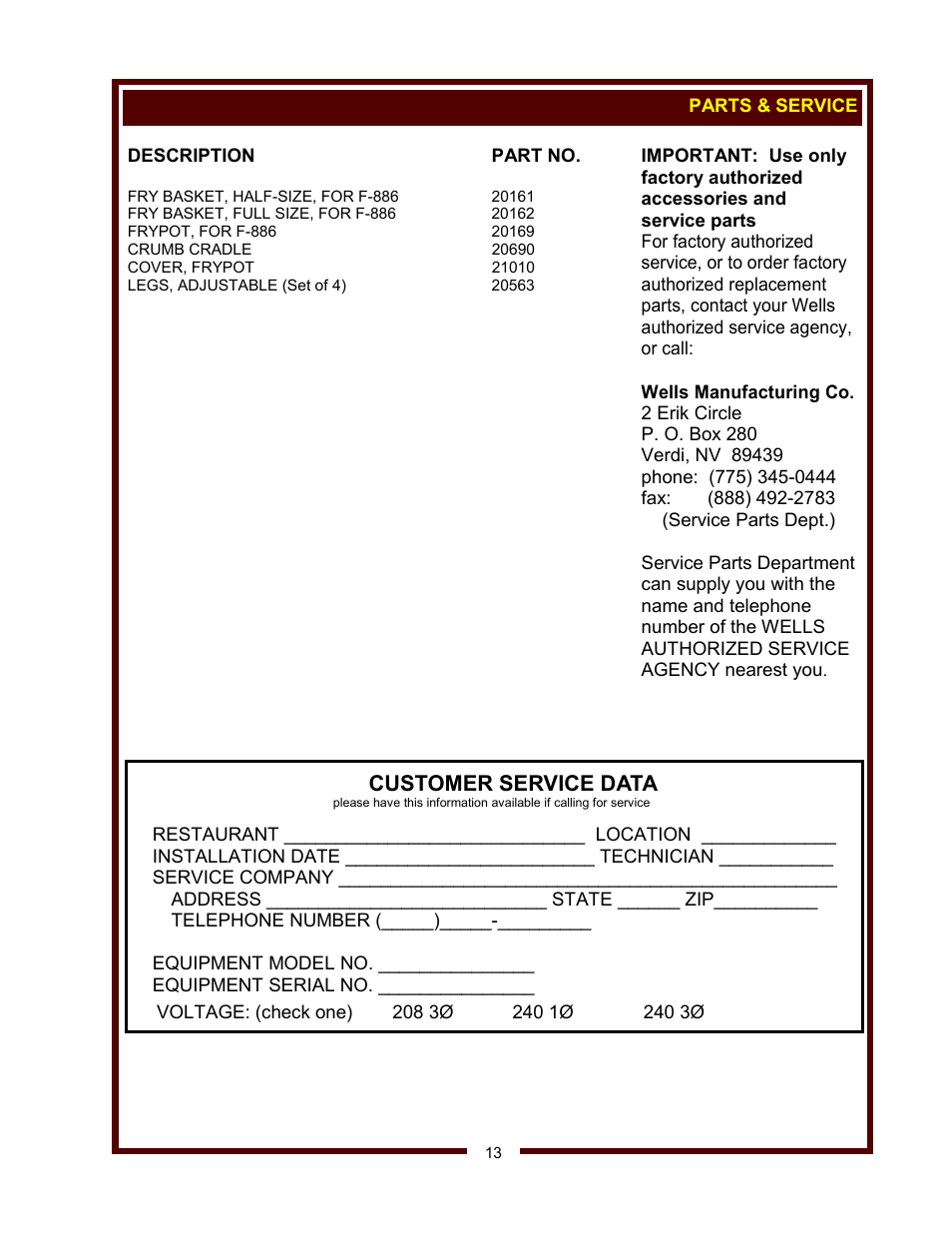 Customer service data | Wells F-886 User Manual | Page 15 / 16