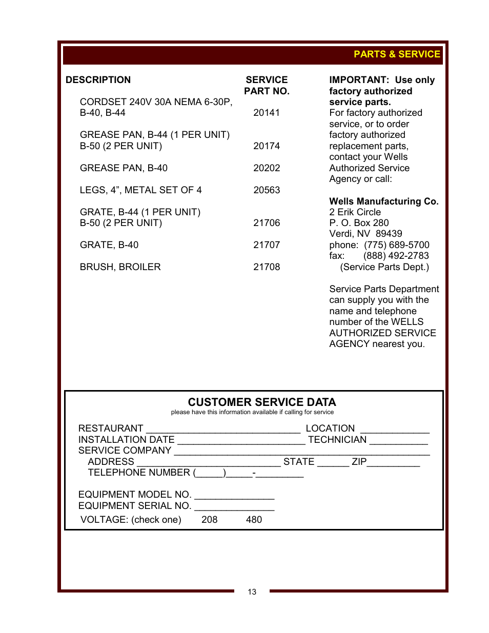 Customer service data | Wells B-40 User Manual | Page 15 / 16