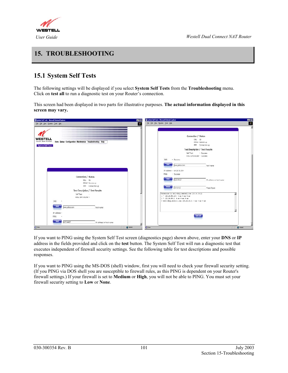 Troubleshooting, System self tests, 1 system self tests | Westell Technologies 2200 User Manual | Page 105 / 133