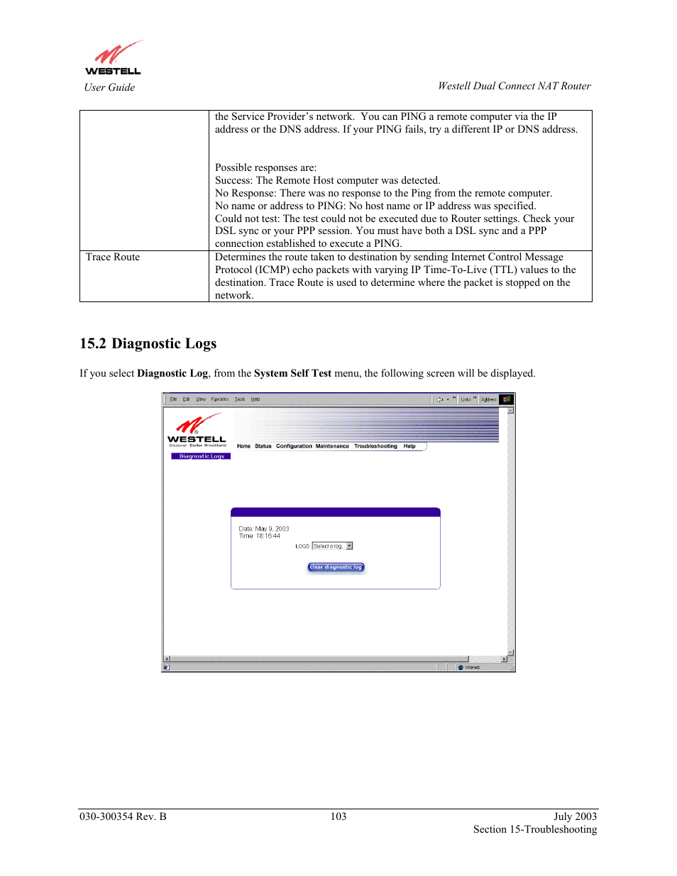 Diagnostic logs, 2 diagnostic logs | Westell Technologies 2200 User Manual | Page 107 / 133
