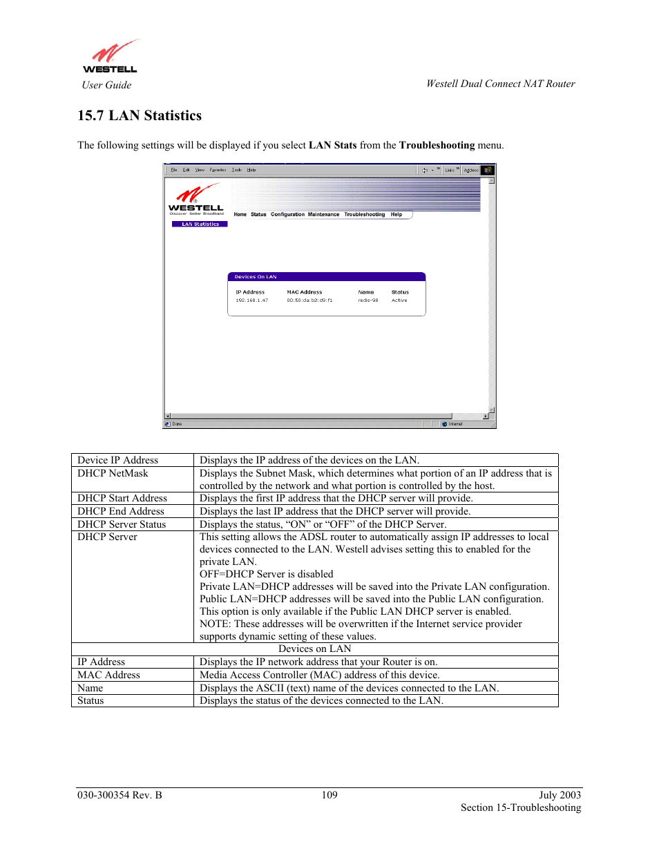 Lan statistics, 7 lan statistics | Westell Technologies 2200 User Manual | Page 113 / 133
