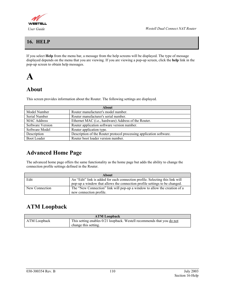 Help, About, Advanced home page | Atm loopback | Westell Technologies 2200 User Manual | Page 114 / 133