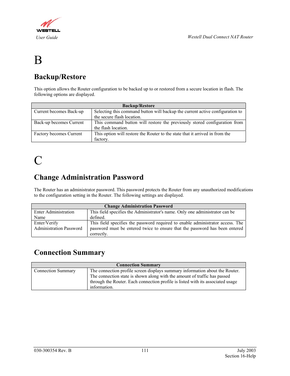 Backup/restore, Change administration password, Connection summary | Westell Technologies 2200 User Manual | Page 115 / 133