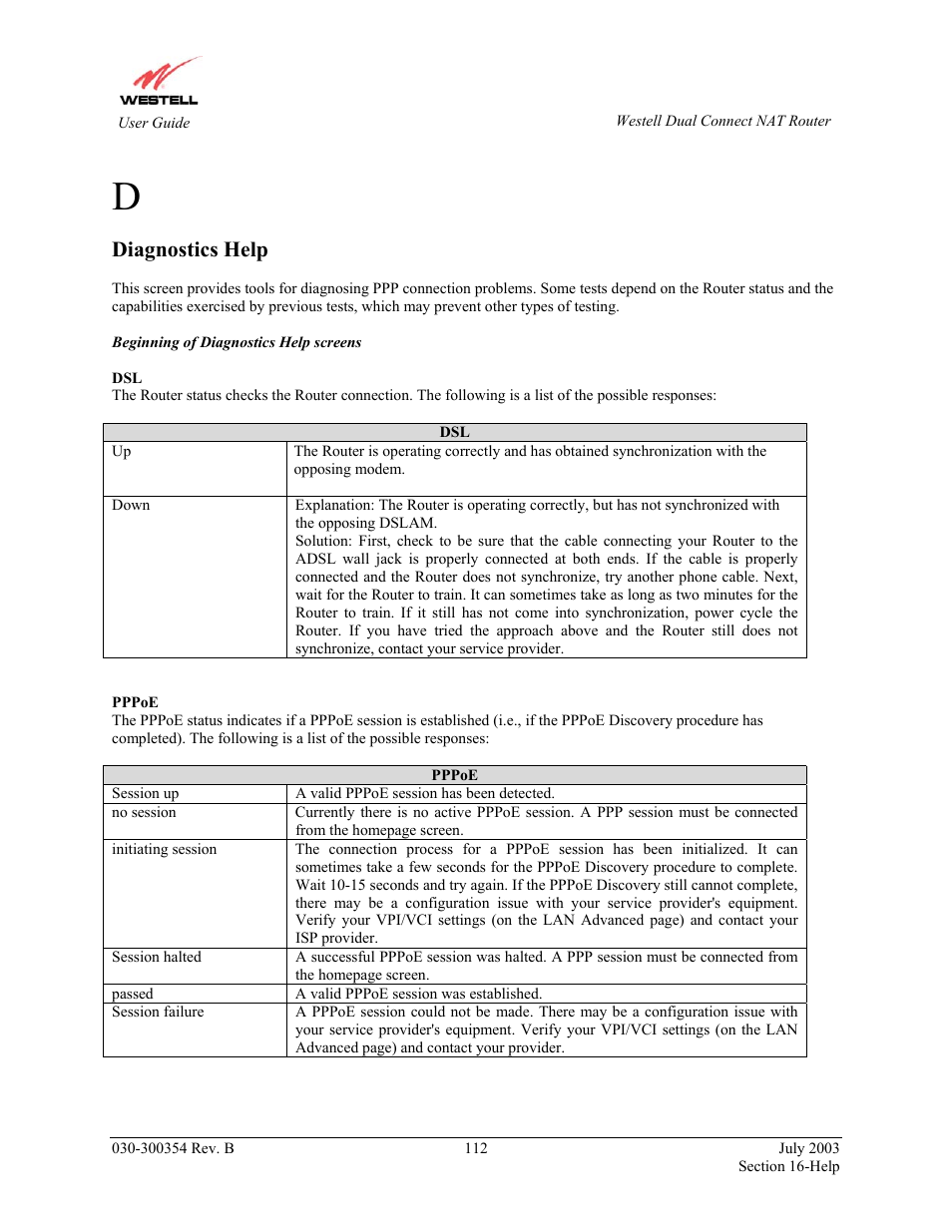 Diagnostics help | Westell Technologies 2200 User Manual | Page 116 / 133