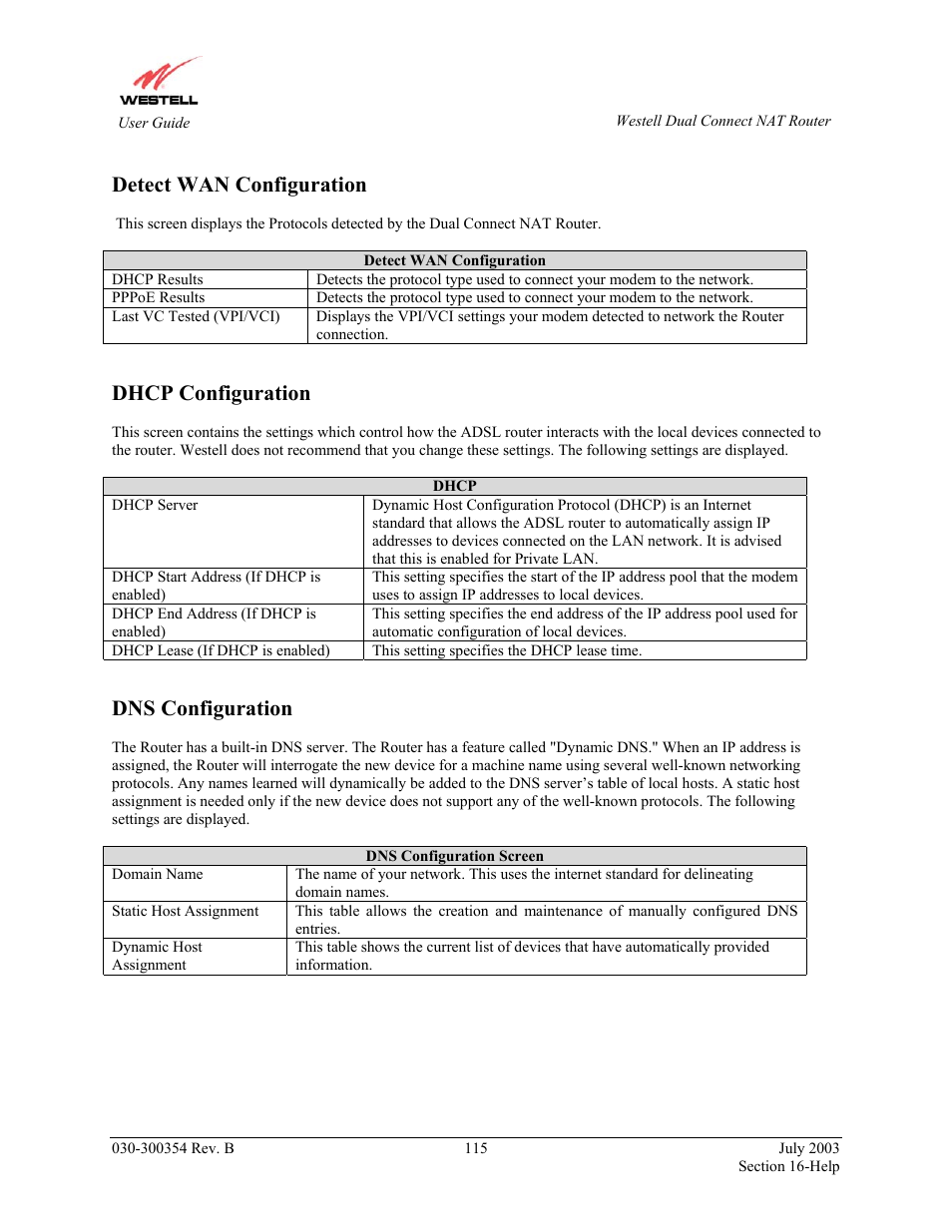 Detect wan configuration, Dhcp configuration, Dns configuration | Westell Technologies 2200 User Manual | Page 119 / 133