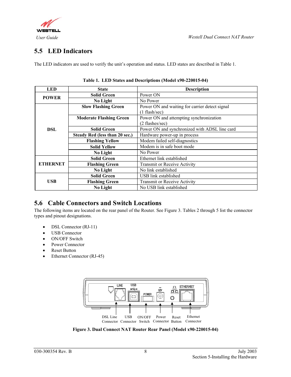 Led indicators, Cable connectors and switch locations, 5 led indicators | 6 cable connectors and switch locations | Westell Technologies 2200 User Manual | Page 12 / 133