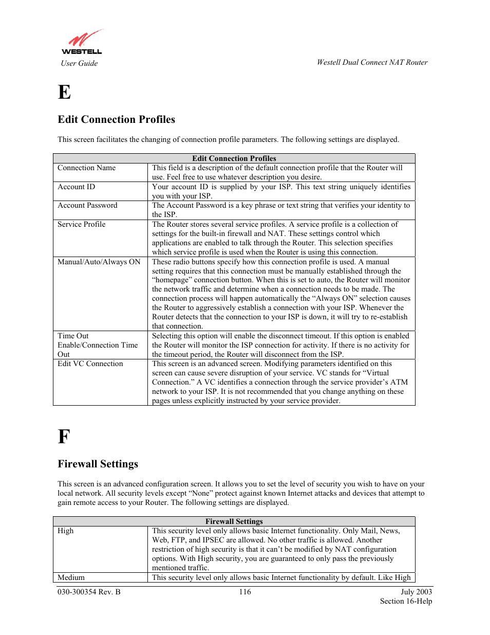 Edit connection profiles, Firewall settings | Westell Technologies 2200 User Manual | Page 120 / 133