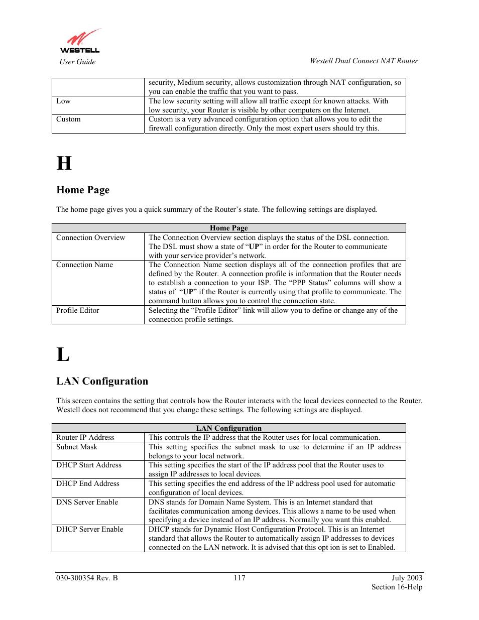 Home page, Lan configuration | Westell Technologies 2200 User Manual | Page 121 / 133