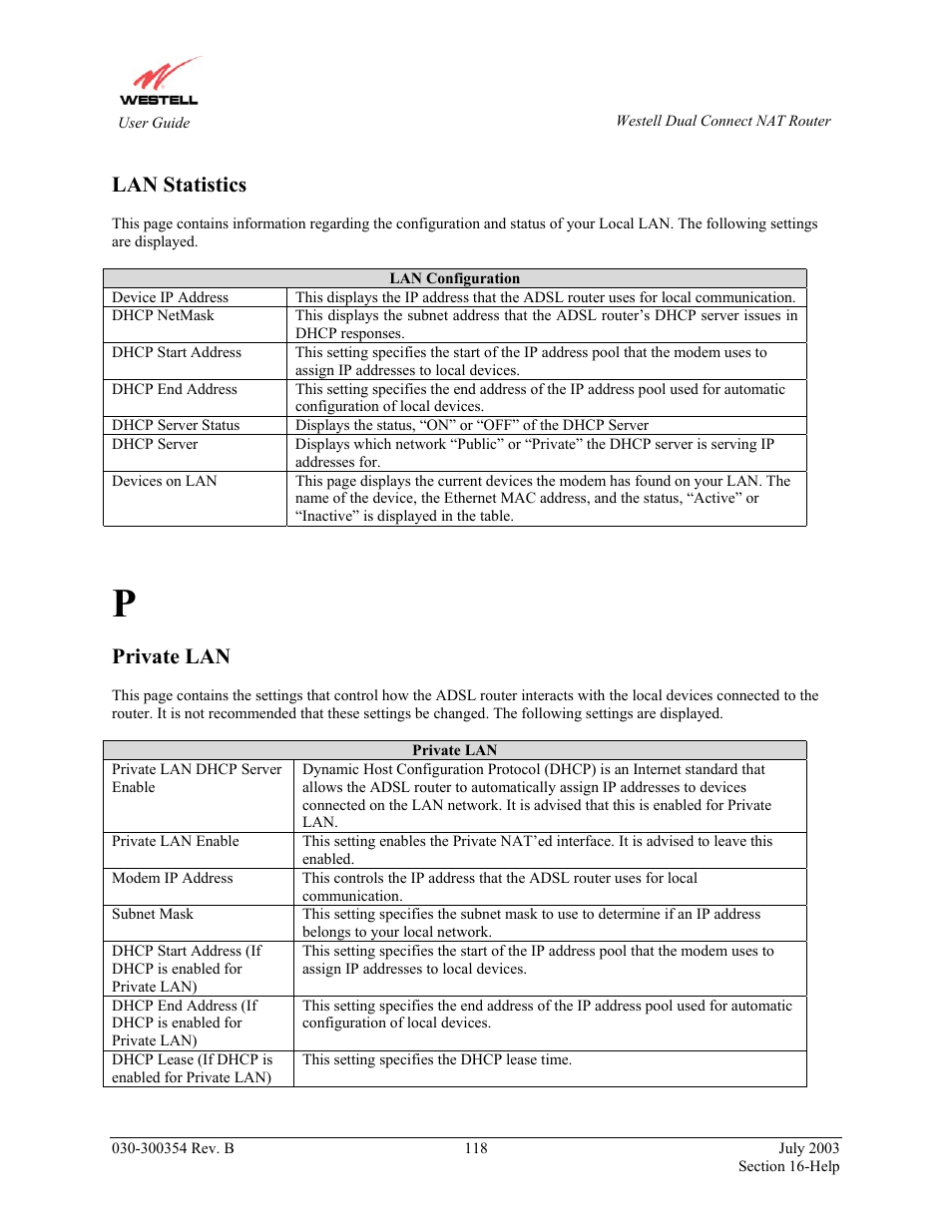 Lan statistics, Private lan | Westell Technologies 2200 User Manual | Page 122 / 133
