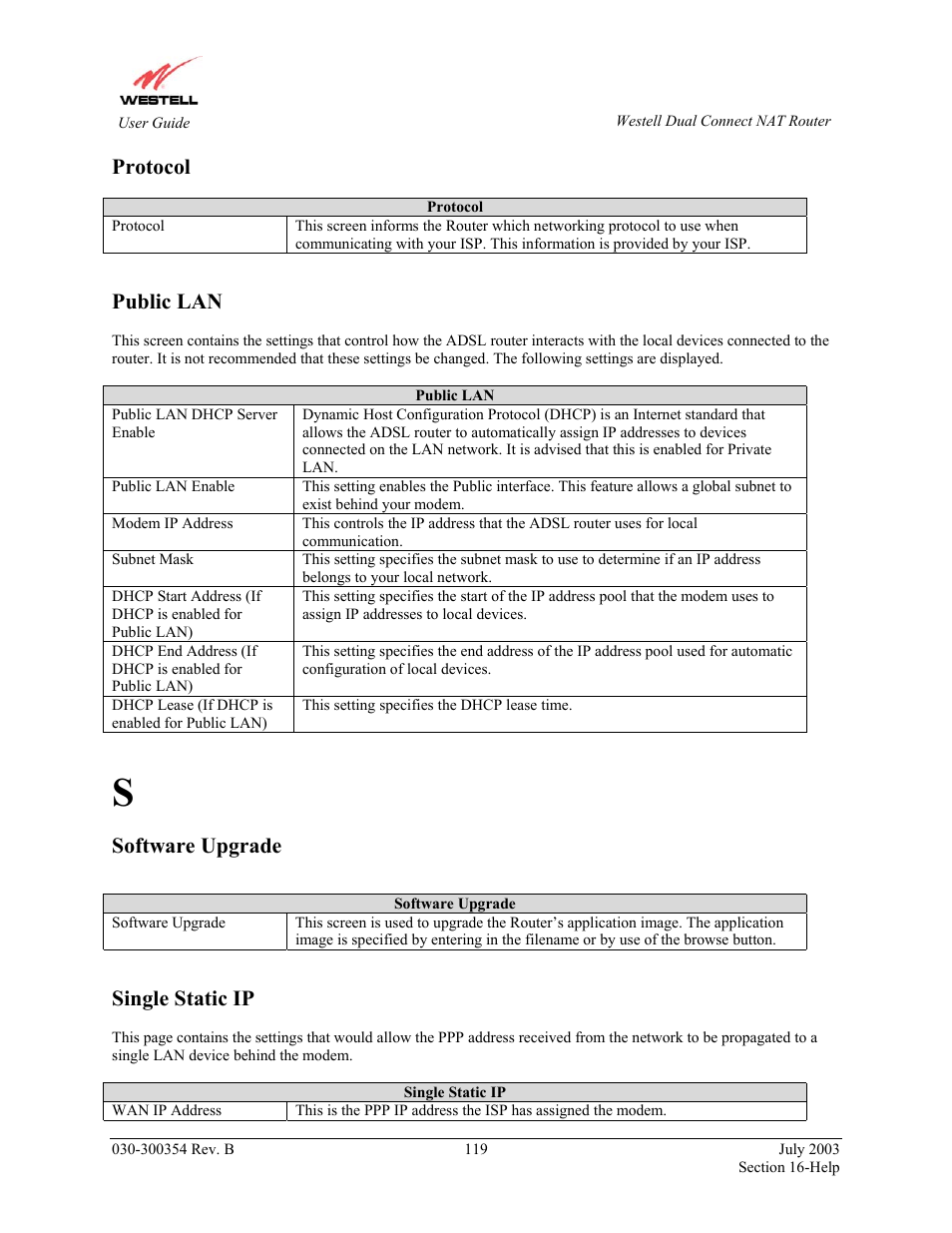 Protocol, Public lan, Software upgrade | Single static ip | Westell Technologies 2200 User Manual | Page 123 / 133