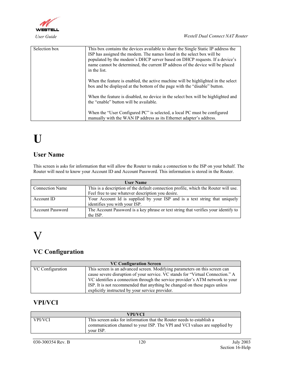 User name, Vc configuration, Vpi/vci | Westell Technologies 2200 User Manual | Page 124 / 133