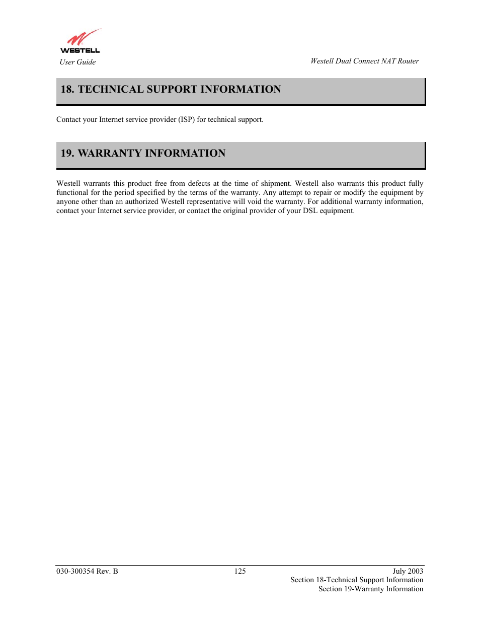 Technical support information, Warranty information | Westell Technologies 2200 User Manual | Page 129 / 133