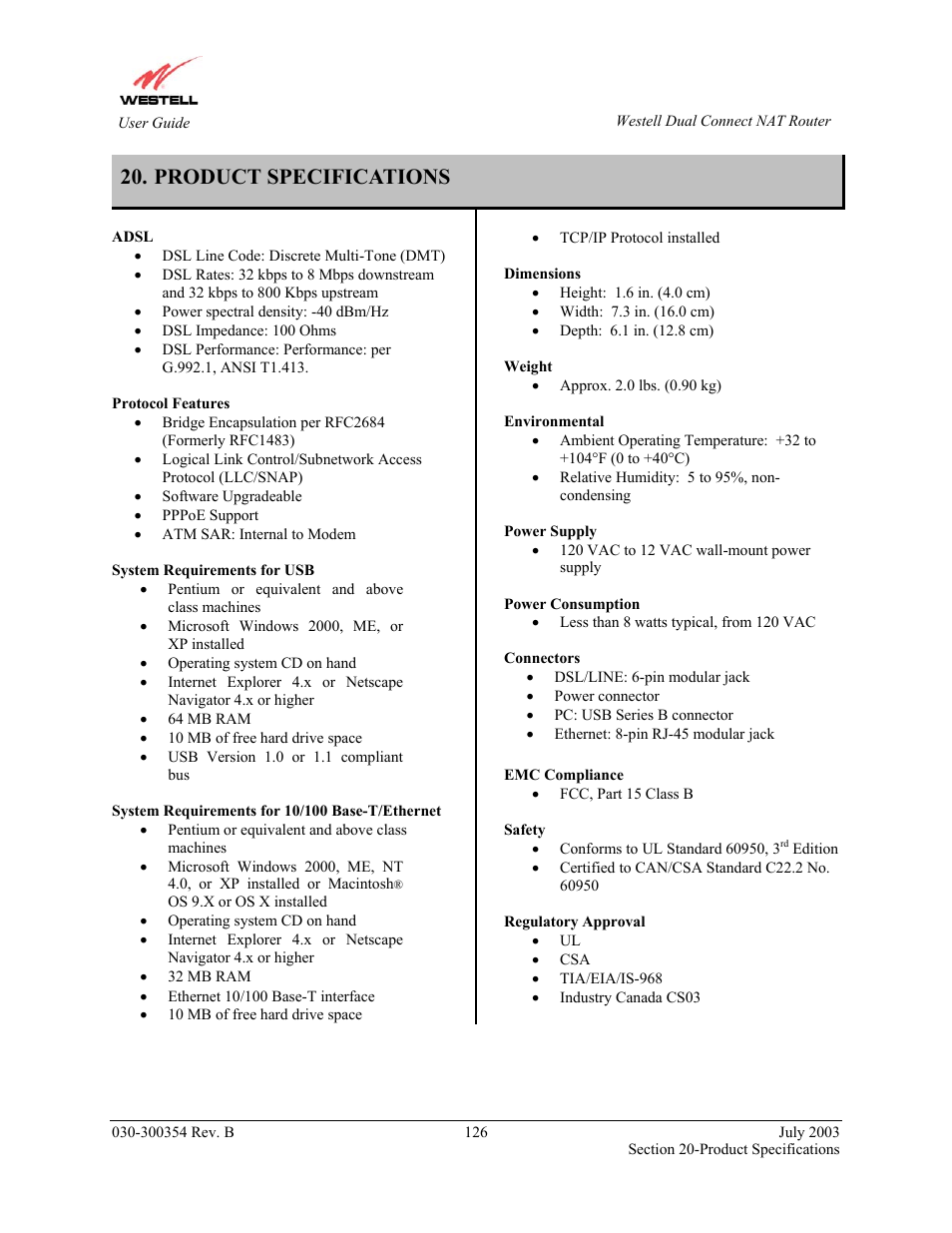 Product specifications, System requirements for usb, System requirements for 10/100 base-t/ethernet | Westell Technologies 2200 User Manual | Page 130 / 133