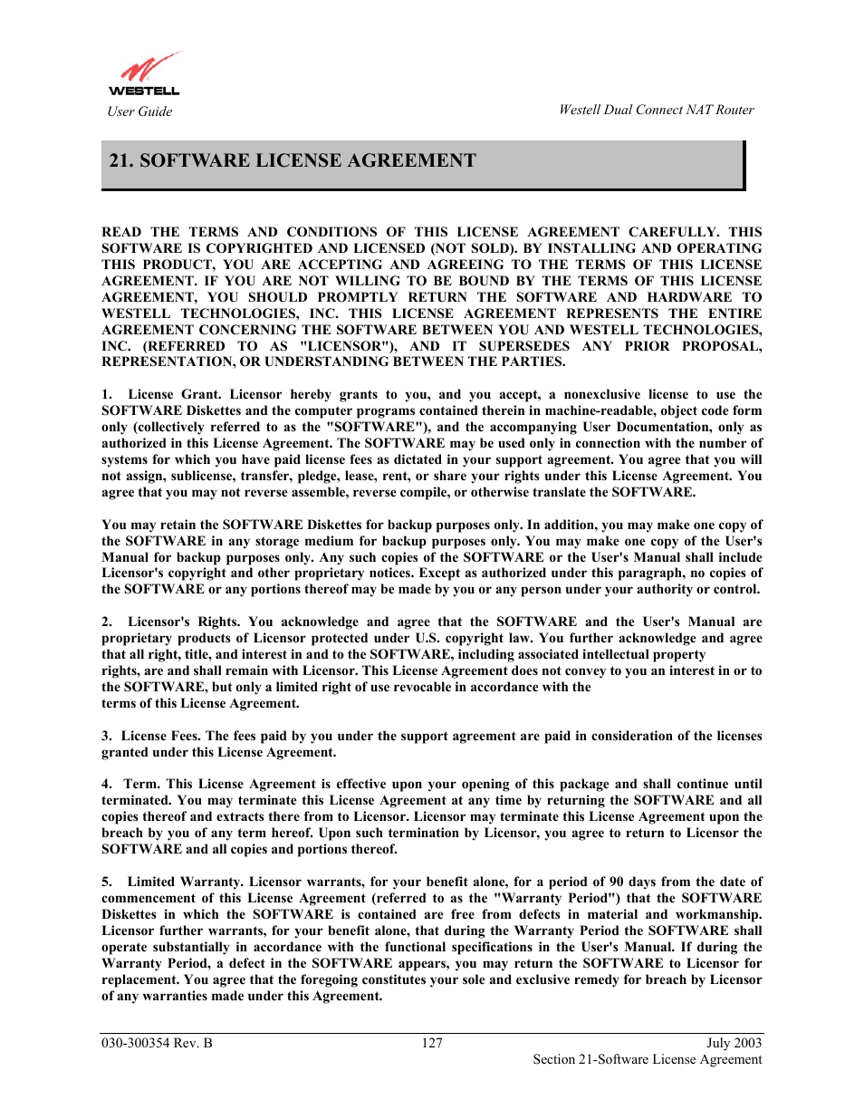 Software license agreement | Westell Technologies 2200 User Manual | Page 131 / 133