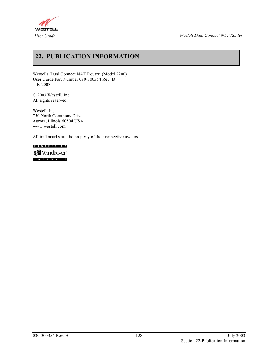 Publication information | Westell Technologies 2200 User Manual | Page 133 / 133