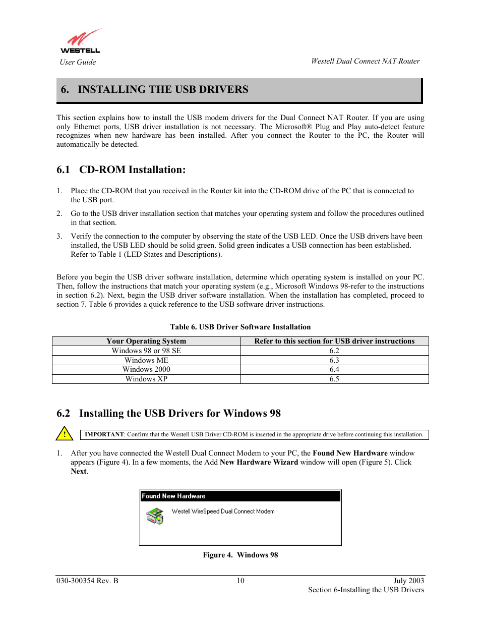 Installing the usb drivers, Cd-rom installation, Installing the usb drivers for windows 98 | 1 cd-rom installation, 2 installing the usb drivers for windows 98 | Westell Technologies 2200 User Manual | Page 14 / 133