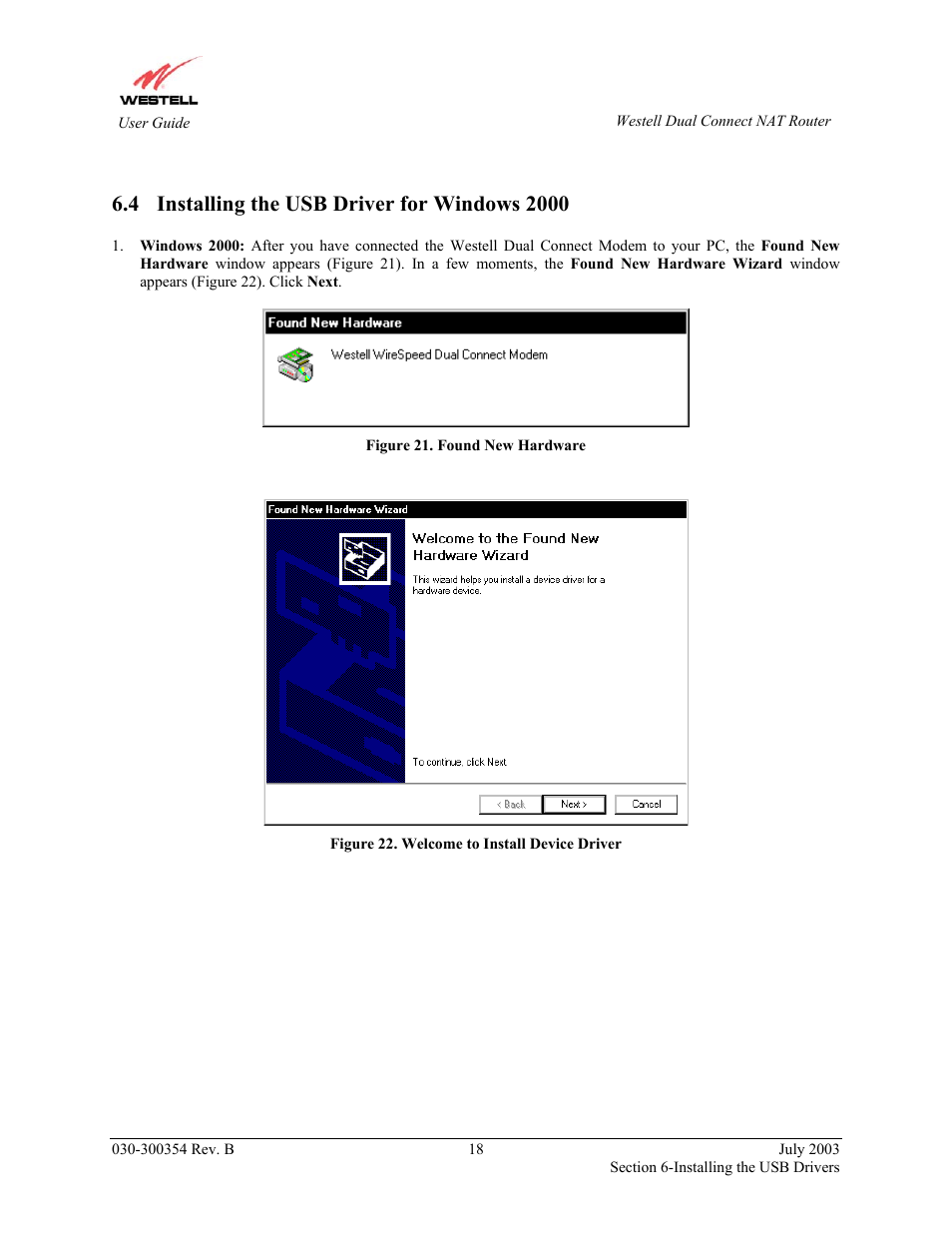 Installing the usb driver for windows 2000 | Westell Technologies 2200 User Manual | Page 22 / 133