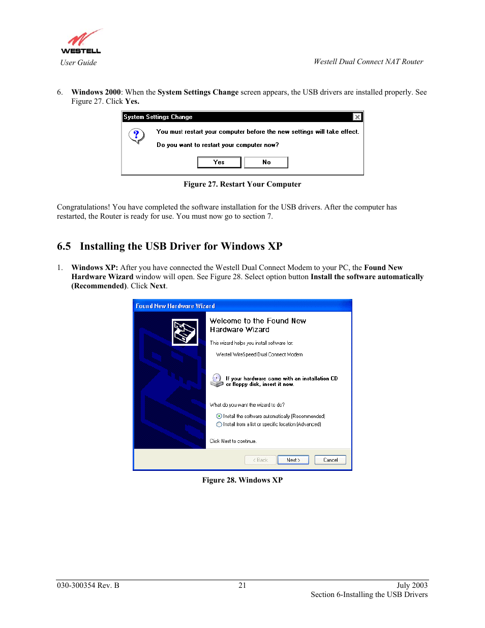 Installing the usb driver for windows xp, 5 installing the usb driver for windows xp | Westell Technologies 2200 User Manual | Page 25 / 133