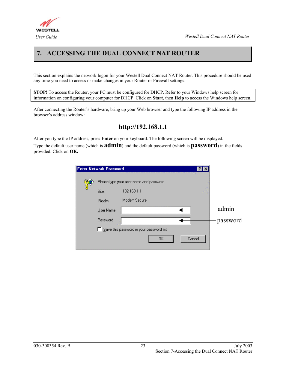 Accessing the dual connect nat router, Admin, Password | Admin password | Westell Technologies 2200 User Manual | Page 27 / 133