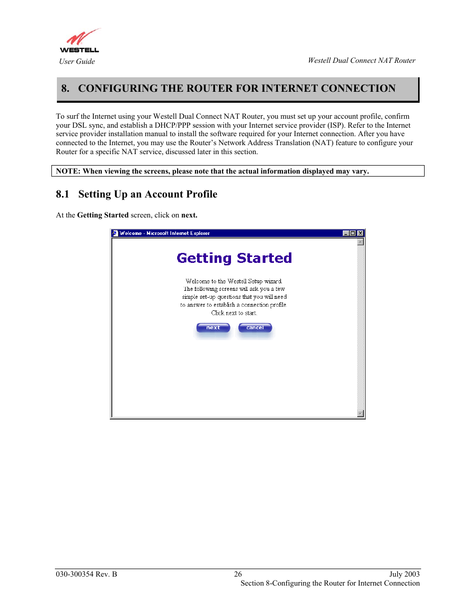 Configuring the router for internet connection, Setting up an account profile, 1 setting up an account profile | Westell Technologies 2200 User Manual | Page 30 / 133