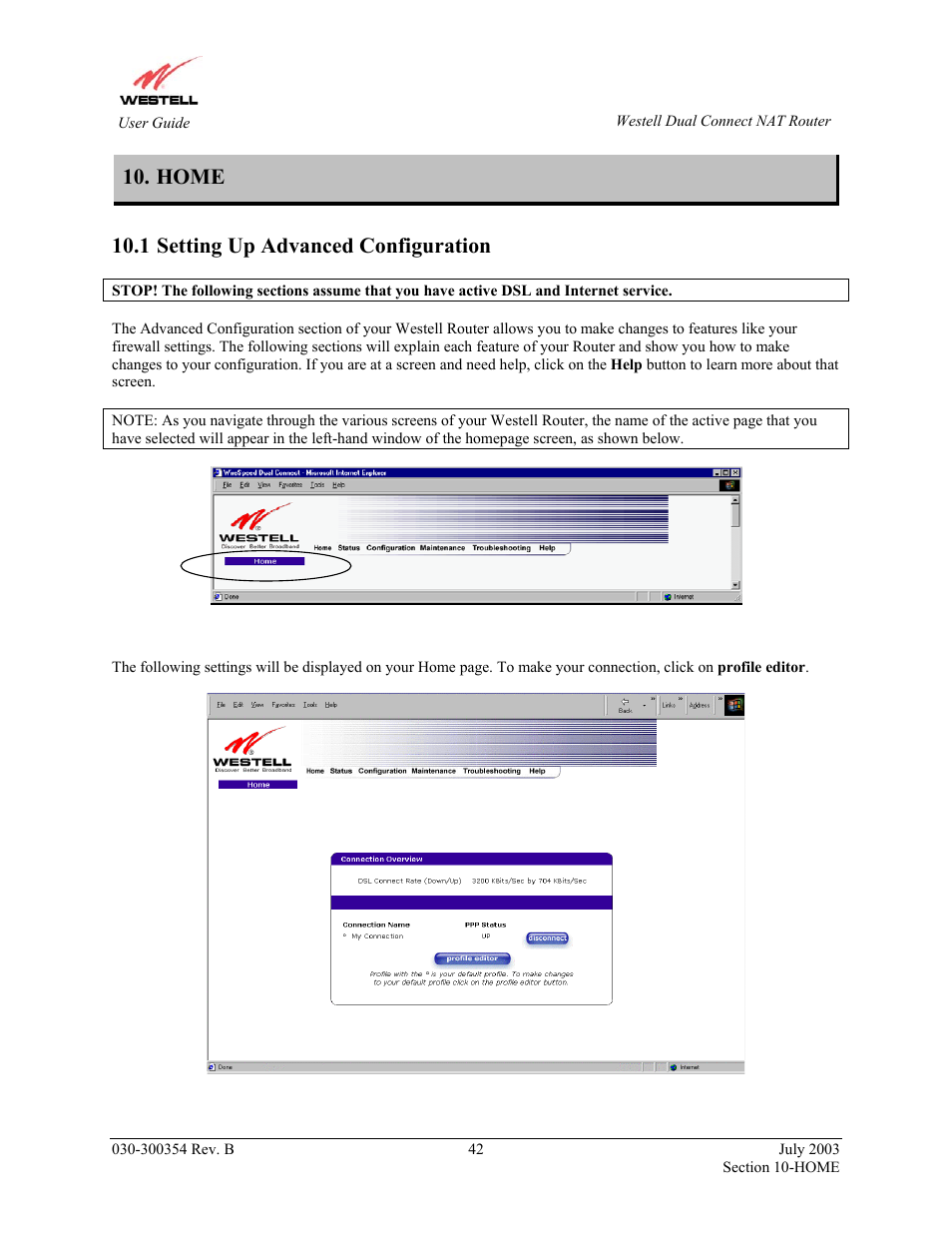 Home, Setting up advanced configuration, 1 setting up advanced configuration | Westell Technologies 2200 User Manual | Page 46 / 133