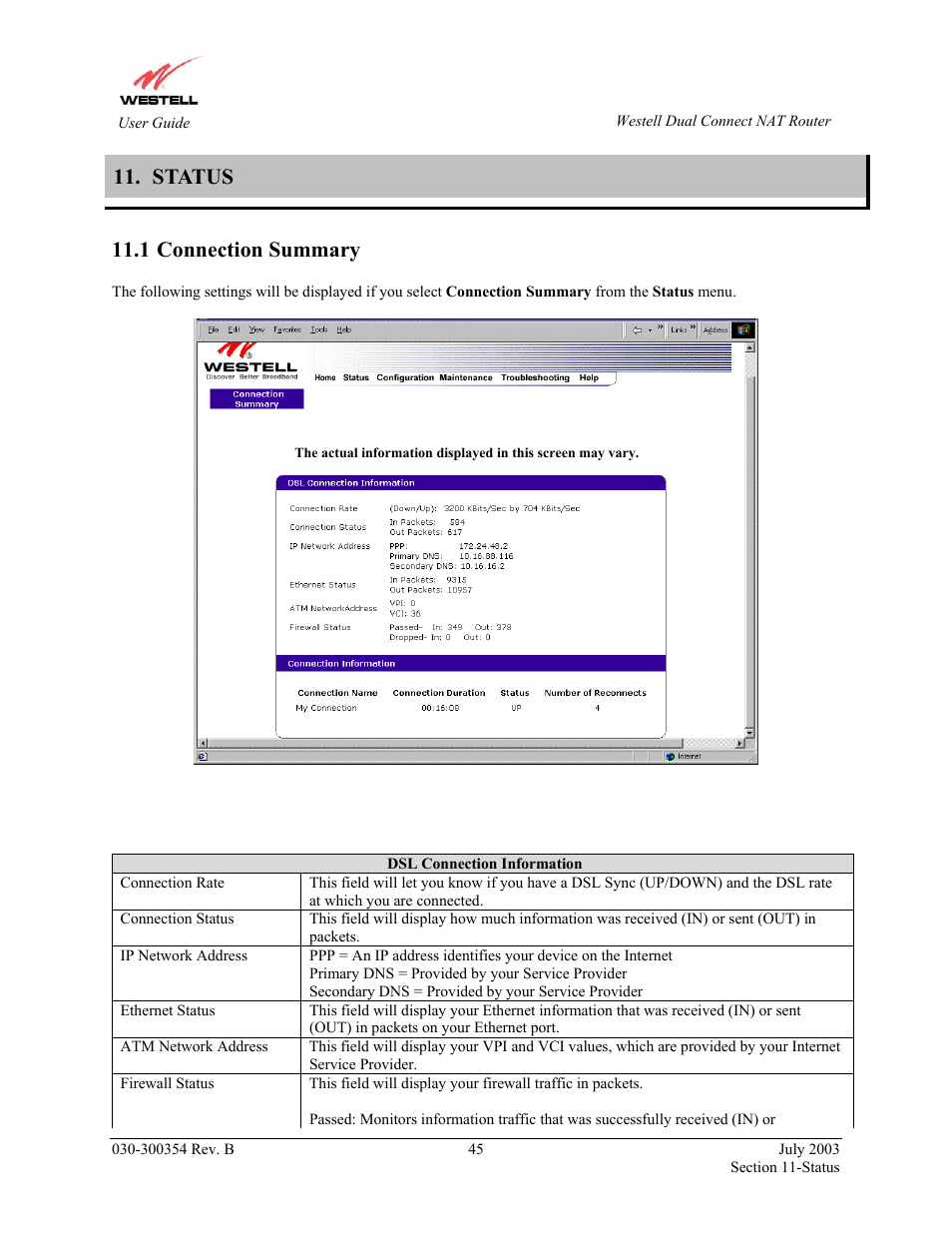 Status, Connection summary, 1 connection summary | Westell Technologies 2200 User Manual | Page 49 / 133