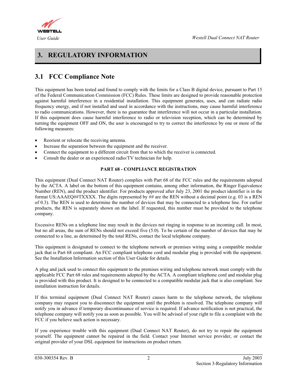 Regulatory information, Fcc compliance note | Westell Technologies 2200 User Manual | Page 6 / 133